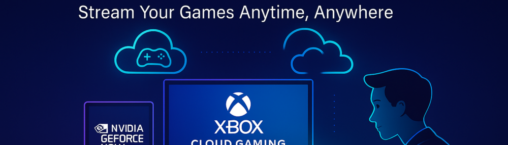 Gamer enjoying cloud gaming service in 2025 on a tablet and controller
