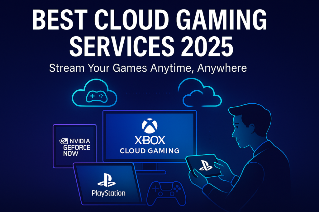 Gamer enjoying cloud gaming service in 2025 on a tablet and controller