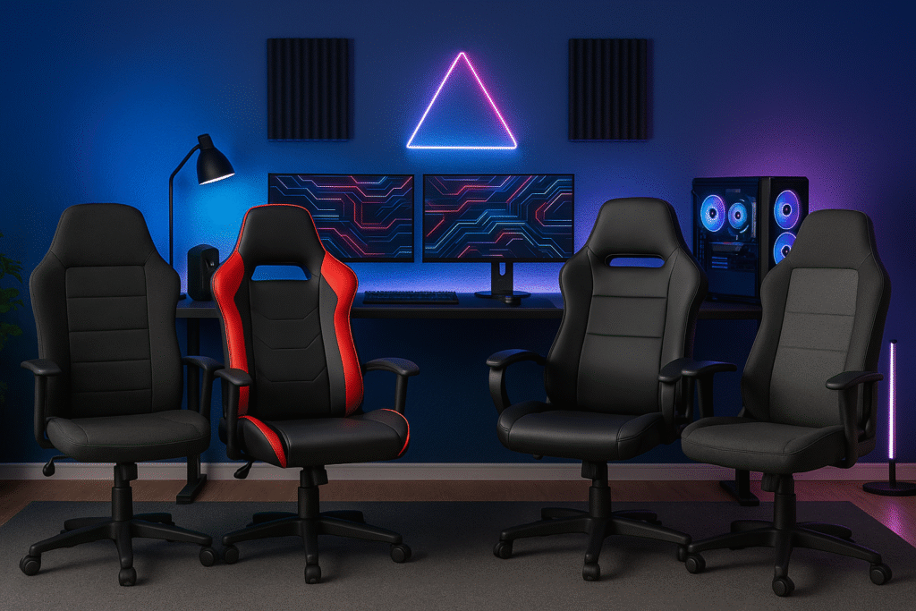 Collection of budget gaming chairs arranged in modern gaming room setup