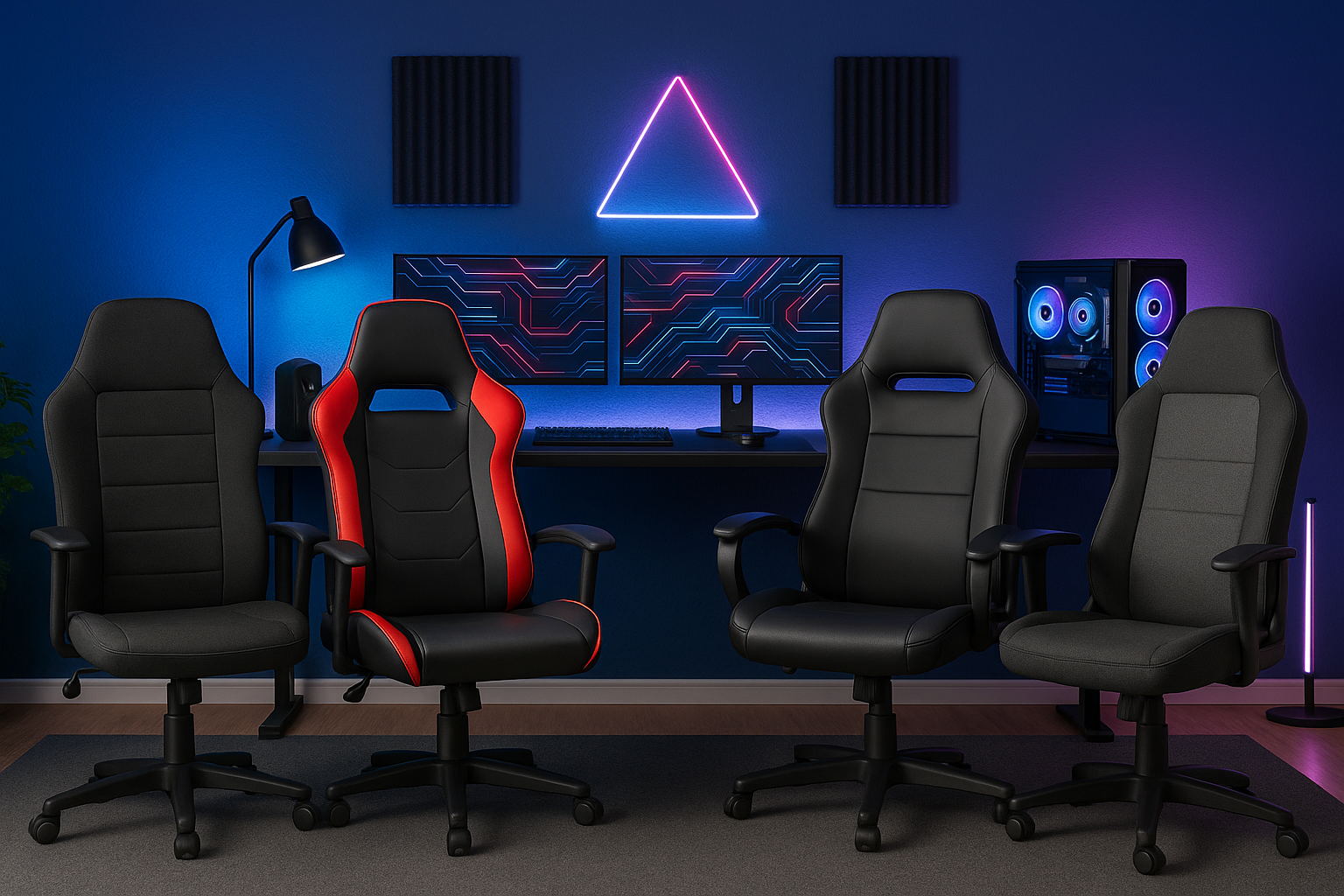 Collection of budget gaming chairs arranged in modern gaming room setup