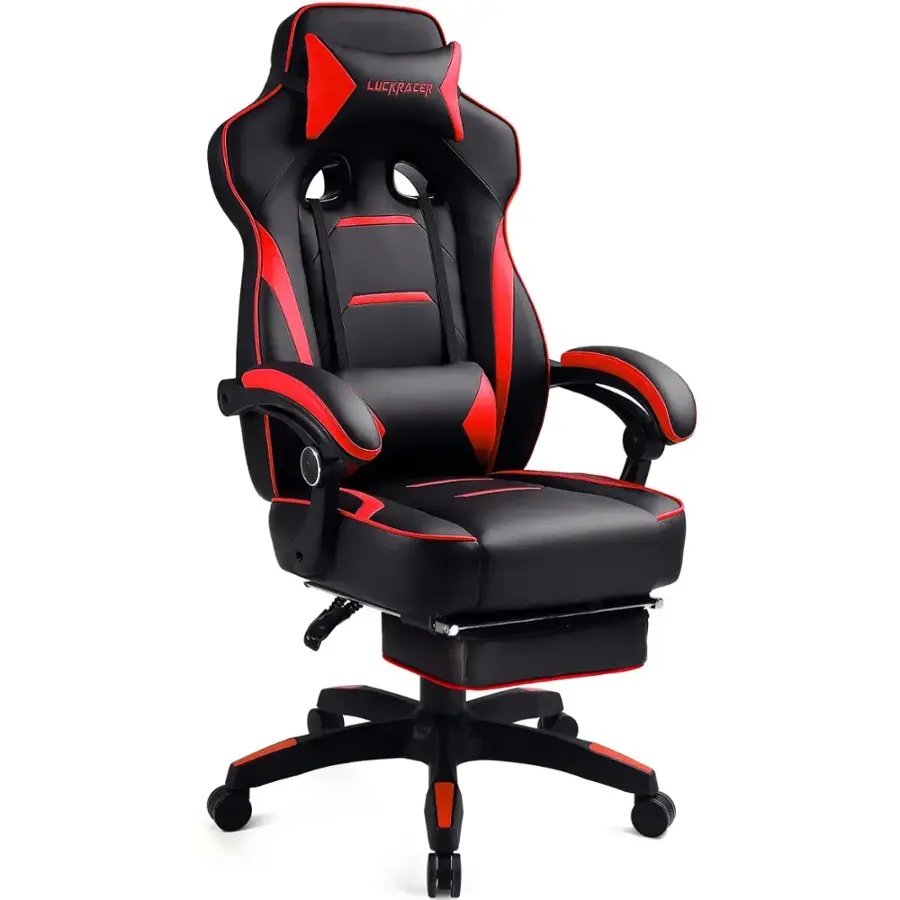 GTPLAYER gaming chair with red and black racing design, lumbar pillow, and adjustable armrests