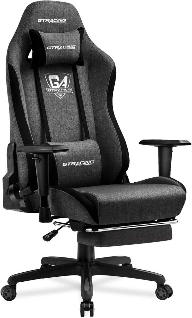 GTRACING gaming chair featuring retractable footrest and multi-directional armrest adjustments